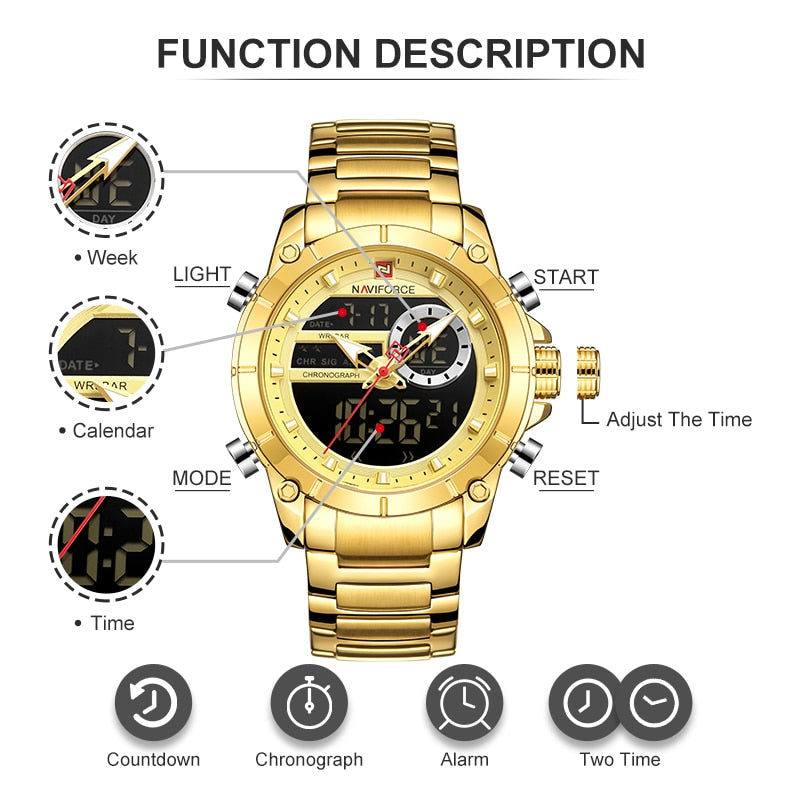 NAVIFORCE, reloj de pulsera deportivo Original de lujo para hombre, reloj de pulsera resistente al agua de acero de cuarzo dorado, relojes de doble pantalla, reloj Masculino 9163