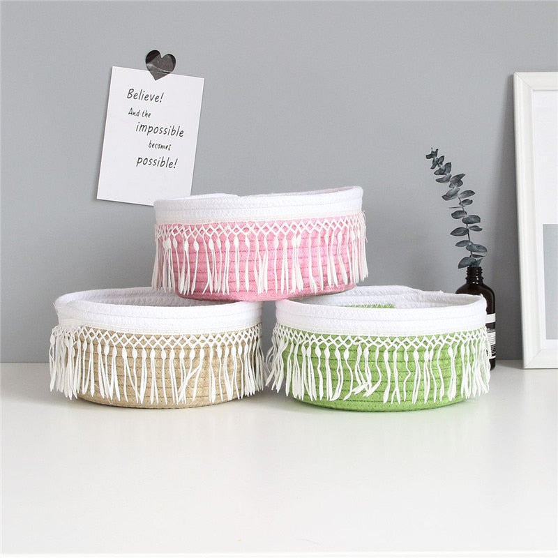 Cotton Rope Storage Baskets Nordic Style Tassel Handmade Woven Dirty Clothes Laundry Basket Desktop Sundries Organizer Hamper