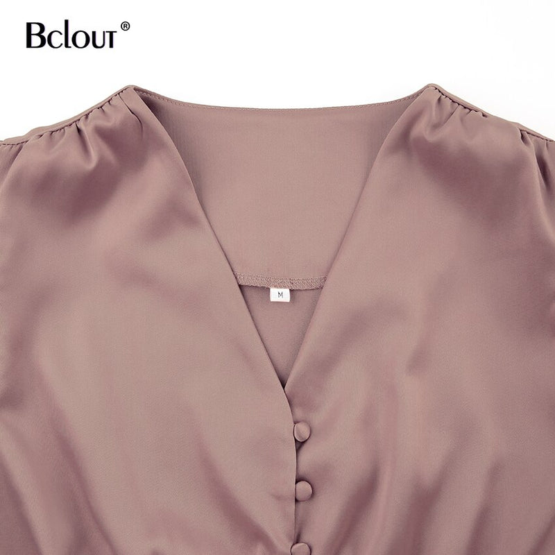 Bclout Elegantes Satin-Einreiher-Hemdkleid Mode Beige Slim V-Ausschnitt Lange Kleider Frau Laternenärmel Herbst-Winter-Robe
