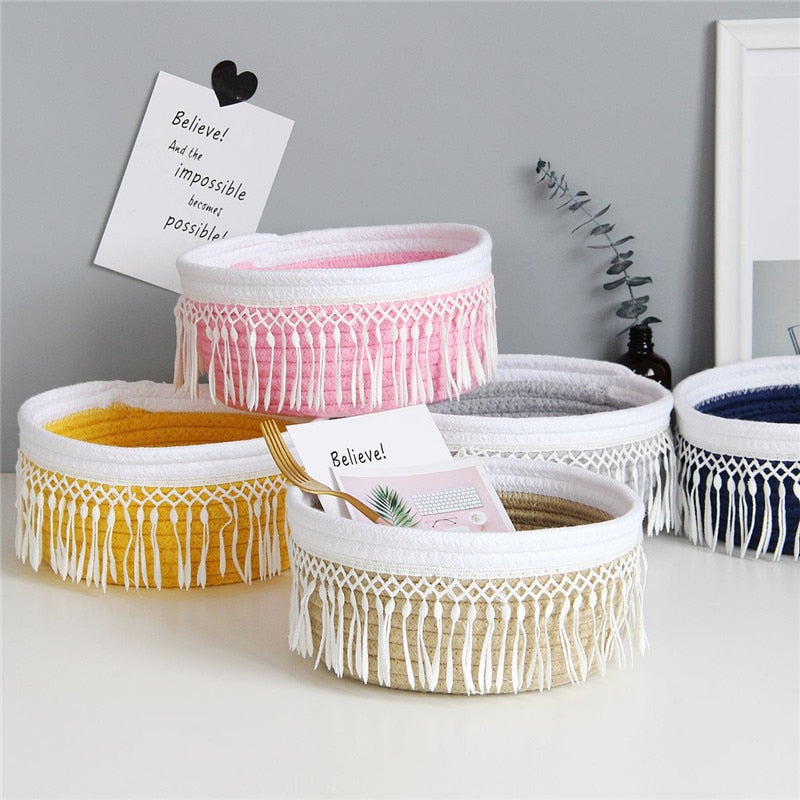 Cotton Rope Storage Baskets Nordic Style Tassel Handmade Woven Dirty Clothes Laundry Basket Desktop Sundries Organizer Hamper