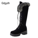 Gdgydh, zapatos de invierno con cordones, botas de nieve para mujer, botas de piel auténtica para mujer, tacón grueso de ante hasta la rodilla, cálido para exteriores con cremallera, talla grande 43