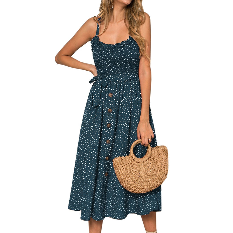 2020 New Hot Women Boho Summer Sleeveless Polka Dot Beach Dress Ladies Stretch Holiday Sundress Evening Party Maxi Dress