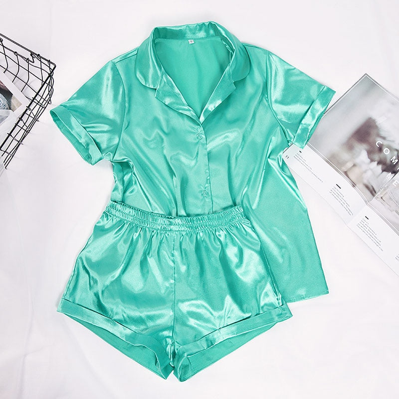 HiLoc Solid Satin Nachtwäsche Seide Pyjama Set Top und Shorts Zweiteiler Pyjama Damen Pyjama Kurzarm Home Suit Casual