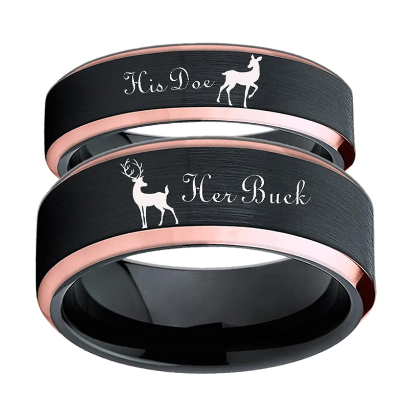 Anillo de tungsteno de la familia de los ciervos Elk Design Her Buck His Doe Wedding Band Ring Black With Rose Golden Custom Grabado personalizado