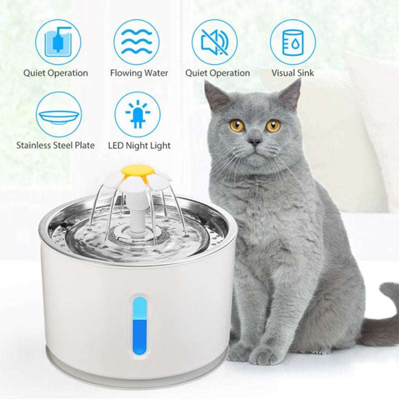 Fuente de agua automática para gatos de 2,4 l, alimentador de agua silencioso eléctrico LED, bebedero USB para perros y mascotas, dispensador de bebidas para perros y gatos