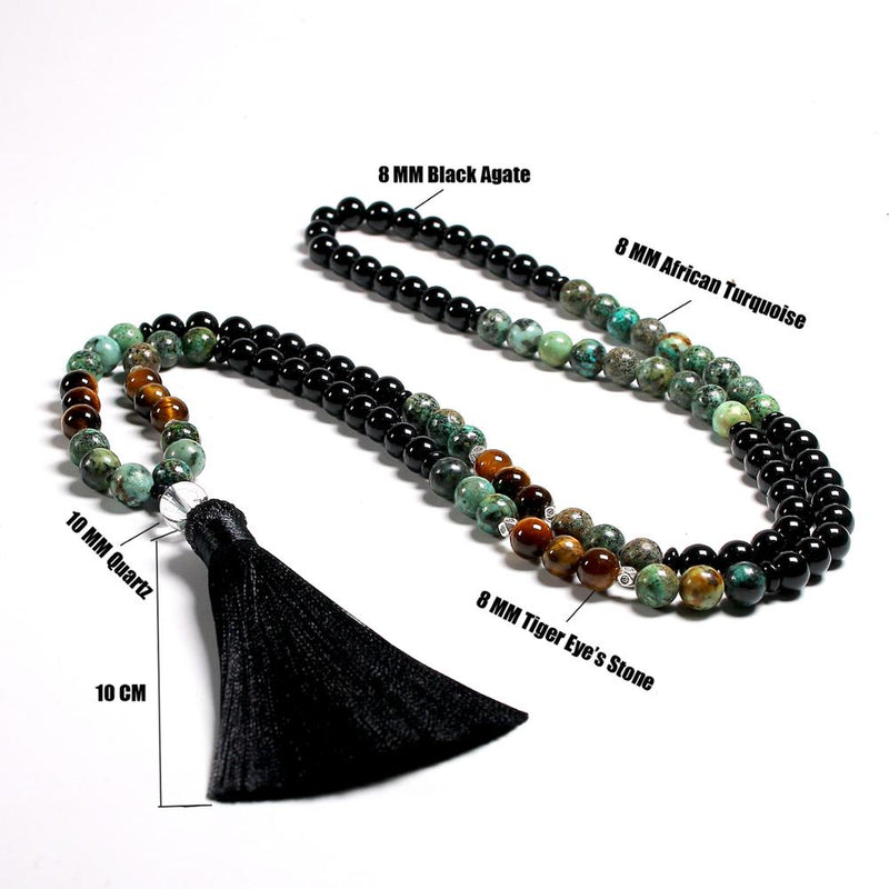 Natürlicher Tigerauge Stein 108 Japa Mala Perlen Halsketten für Frauen Mädchen Yoga Japamala Quaste lange Halskette Männer Schmuck 8 mm