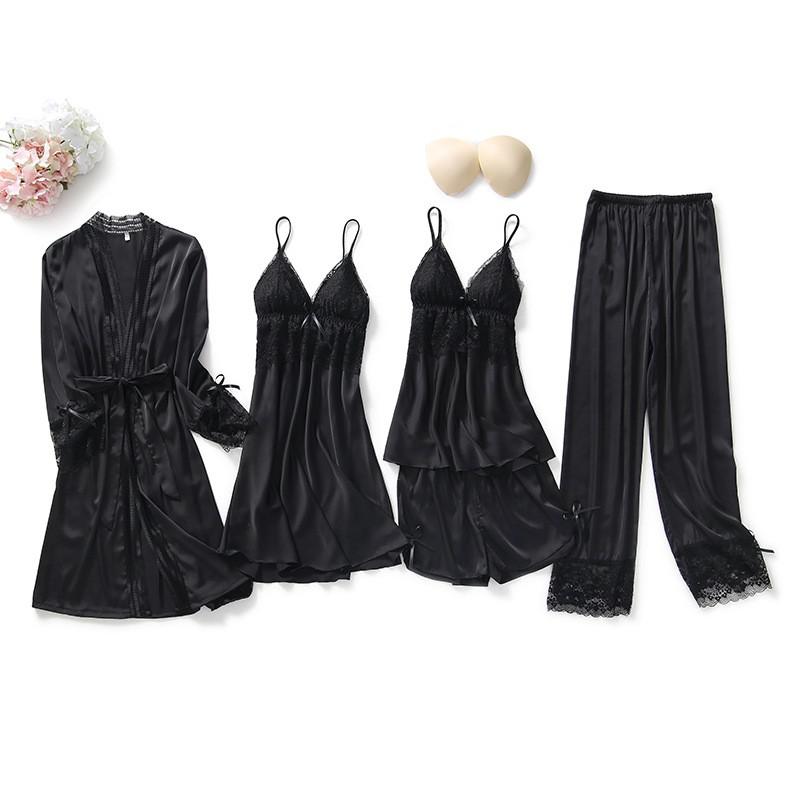 Black Sexy Women Robe Set Faux Silk Kimono Bathrobe Gown 5PCS Sleepwear Suit Hollow Out Lace Nightgown Home Wear Wedding Gift