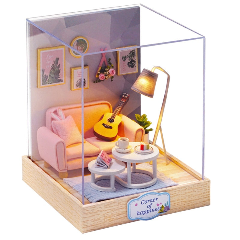 Casa de muñecas muebles Diy miniatura 3D madera Miniaturas casa de muñecas juguetes para niños regalos de cumpleaños Casa gatito diario H013