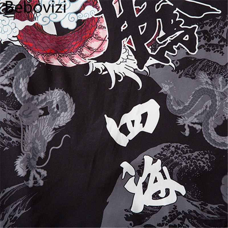 Bebovizi Dragon Print Yukata Men Women Fashion Cardigan Loose Blouse Haori Obi Asian Clothes Harajuku Japanese Cosplay Kimono