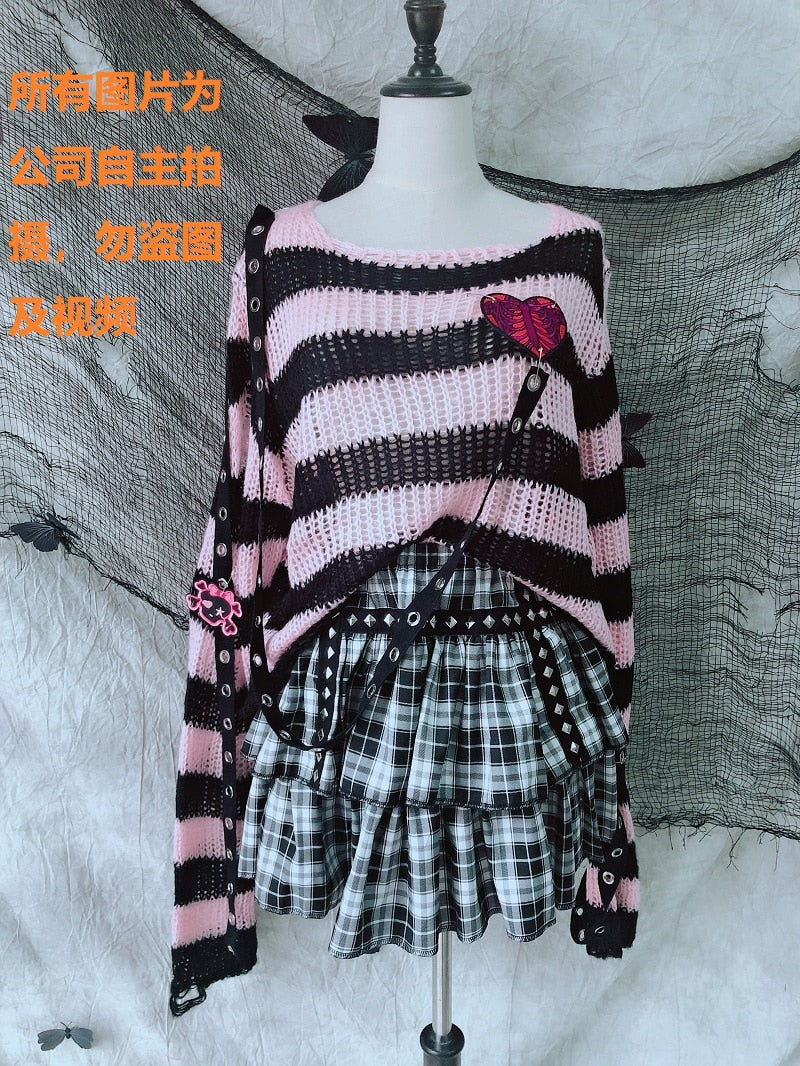 Gothic Grunge Punk Purple Black Pink Striped Knitted Sweater For Women Girls Chic Streetwear