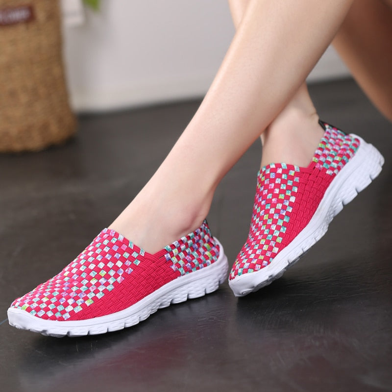 STRONGSHEN Women Shoes Summer Flats Breathe Female Sneaker Woven Walking Shoes Slip On Ladies Loafers Handmade Shoes Size 35-41