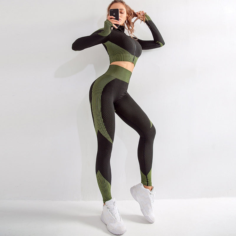 Frauen Langarm Yoga Set Reißverschluss Top Sport Anzug Nahtlose Trainingskleidung für Frauen Workout Sportswear Gym Fitness Outfits,ZF287