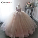 Puffy A-line Flower Girl Dresses Lace Beading Communion Dress Tulle Sashes Straps Ball Gown Girl Party Dress New Year 2021