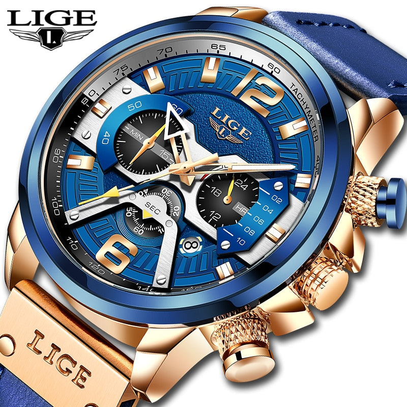 2022 LIGE, relojes para Hombre, marca superior, Reloj deportivo con cronógrafo de cuero azul de lujo para Hombre, Reloj resistente al agua con fecha a la moda, Reloj para Hombre