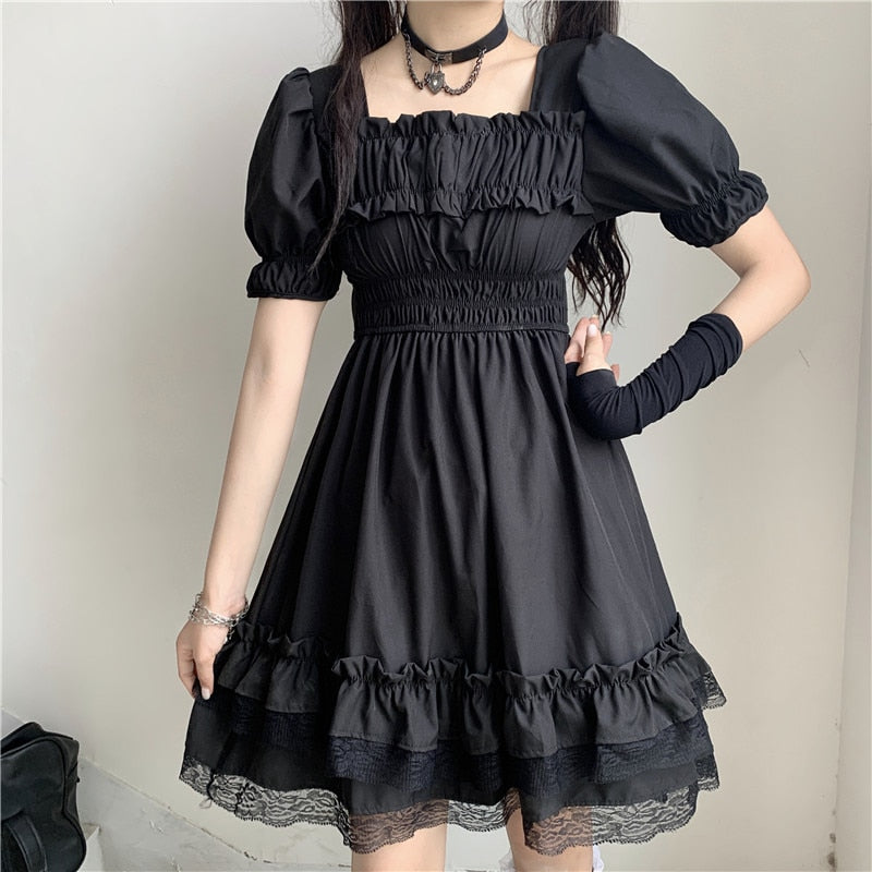 Japanese Harajuku Dark Style Summer New Dresses Vintage Square Collar Lace Puff Sleeve Dress Sweety Ruffles Hepburn Black Dress