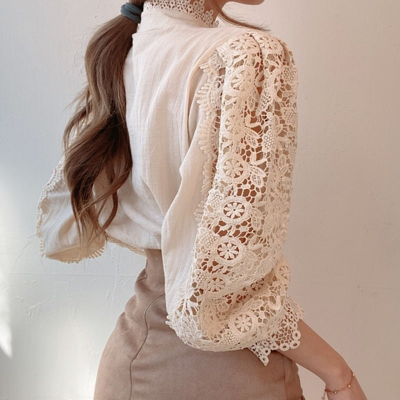 Korean Chic Lace Blouse Women White Patchwork Shirt Button Hollow Out Tops Flower Stand Collar Blusas Petal Sleeve Blouses 12419