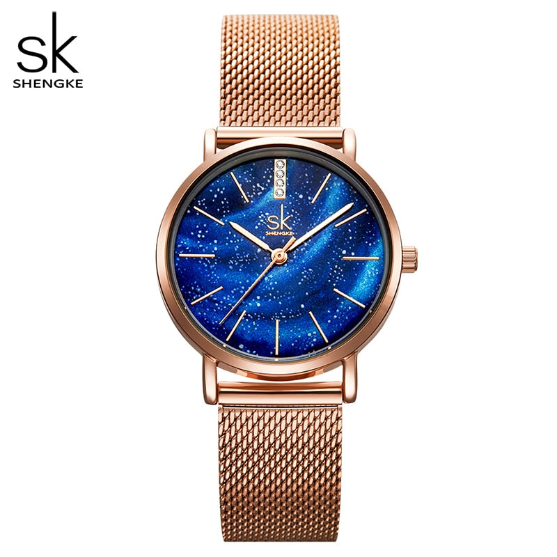 Shengke Women Watches Starry Green Dial Mesh Band Ladies Wristwatch Ultra-thin Stainless Steel Strap Quartz Montre Femme Gift