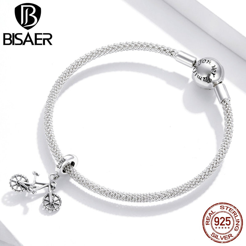 BISAER 100% 925 Sterling Silver Mountain Bike Charm Beads Transportation Pendant Fit DIY Making Bracelet Necklace Jewelry EFC384