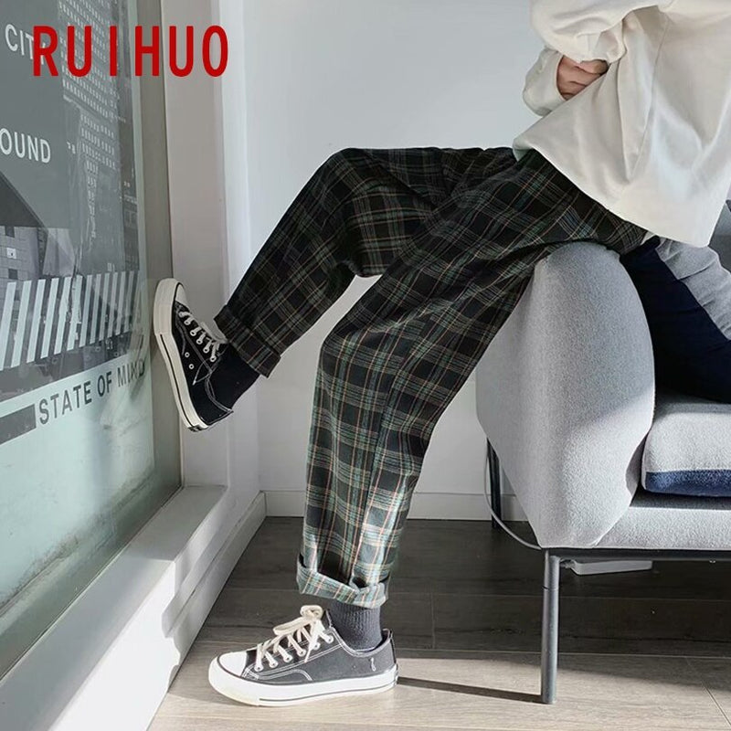 RUIHUO Plaid Harem Pants Men Trousers Joggers Casual Pants Men Sweatpants Ankle-Length Hip Hop Streetwear Cotton M-3XL 2022