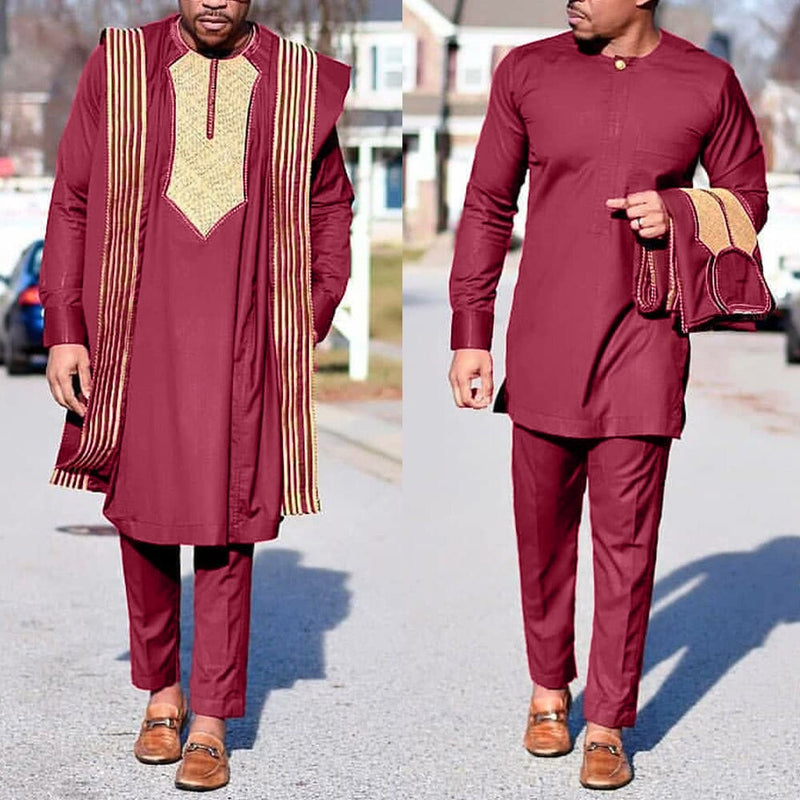 H&D African Agbada Suit For Men Embroidered Robes Dashiki Cover Shirt Pants 3 PCS Set Boubou Africain Homme Musulman Ensembles