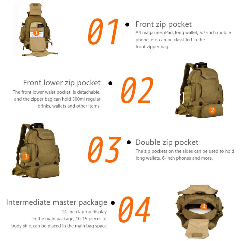 40L Taktischer Rucksack 2 in 1 Militär Hüfttasche Armee Rucksack Rucksack Molle Outdoor Sporttasche Herren Camping Wandern Klettern Tasche