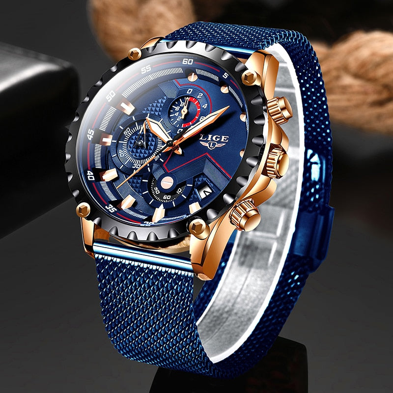 2022 New LIGE Blue Casual Mesh Belt Fashion Quartz Gold Watch Mens Watches Top Brand Luxury Waterproof Clock Relogio Masculino