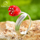 Anillo de oro de 18 quilates de Plata de Ley 925 auténtica de Lotus Fun, joyería fina hecha a mano de Coral rojo, anillos de flores de lirio de los valles para regalo de mujer
