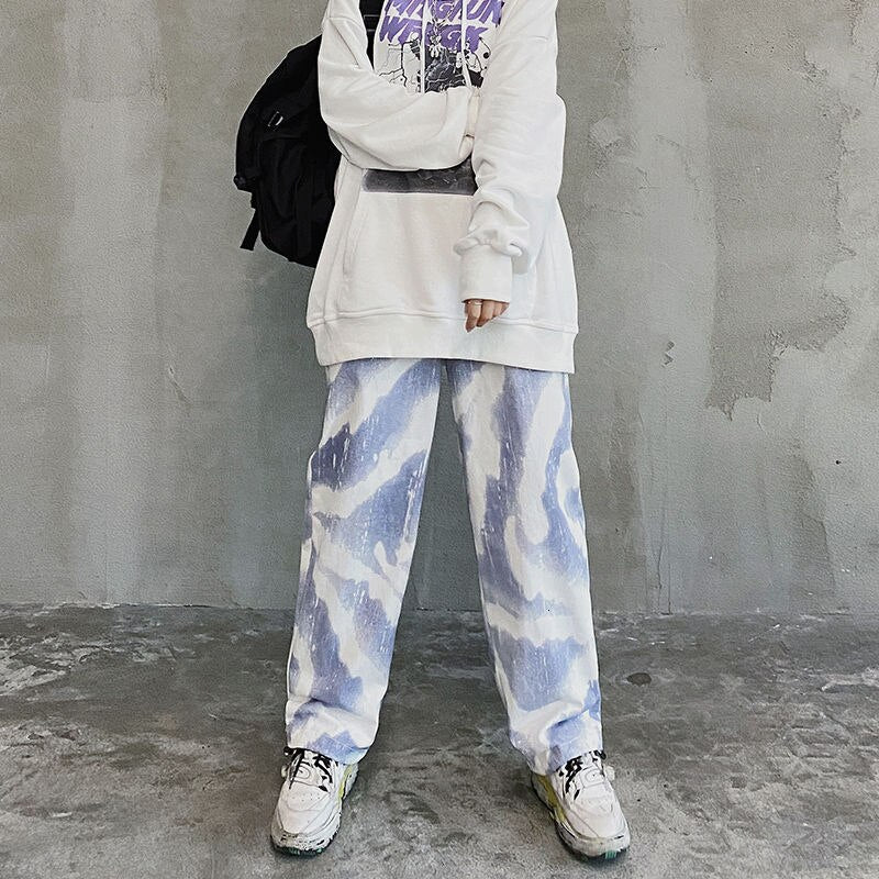 Pantalones coreanos de algodón con efecto tie-dye para hombre, pantalones informales Retro a la moda, ropa de calle para hombre, pantalones rectos holgados salvajes de hip-hop para hombre, M-2XL