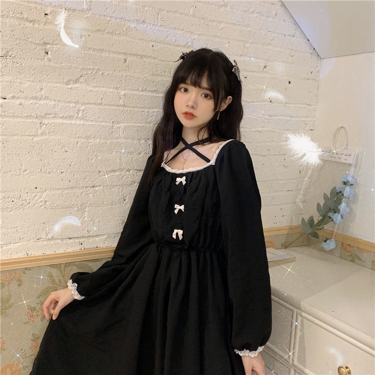Vestido gótico Lolita japonés para mujer, vestido negro de gasa Vintage Kawaii, vestido informal de manga larga Y2k, nuevo otoño 2020 para mujer