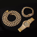 Necklace +Watch+Bracelet Hip Hop Miami Curb Cuban Chain Gold Color Iced Out Paved Rhinestones CZ Bling Rapper For Men Jewelry