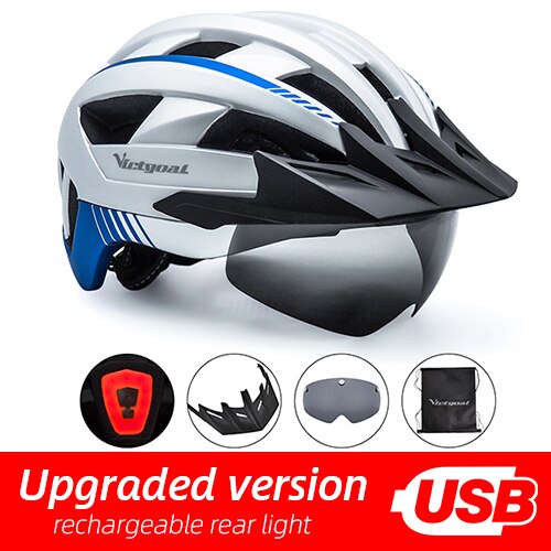 Victgoal Bicycle Helmet LED Moutain Road USB Rechargeable Light Cycling Helmet For Man Sun Visor Goggles Men MTB Bike Headgear