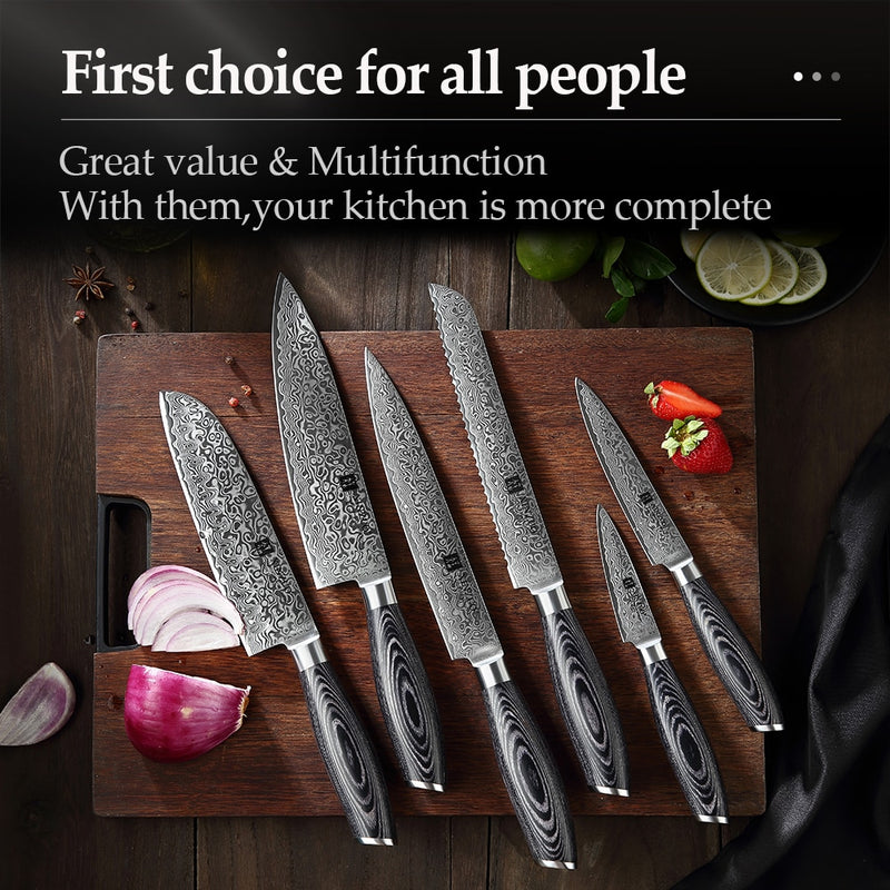 XINZUO 6PCS Kitchen Knives Sets High Carbon Japanese Style VG10 Damascus Steel Chef Santoku Bread Utility Knife Pakkawood Handle