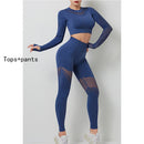 Yoga Sets Women Gym Clothes Seamless Long Sleeve Crop Tops Mesh Sports Leggings Running Workout High Waist Pants Fitness Wear