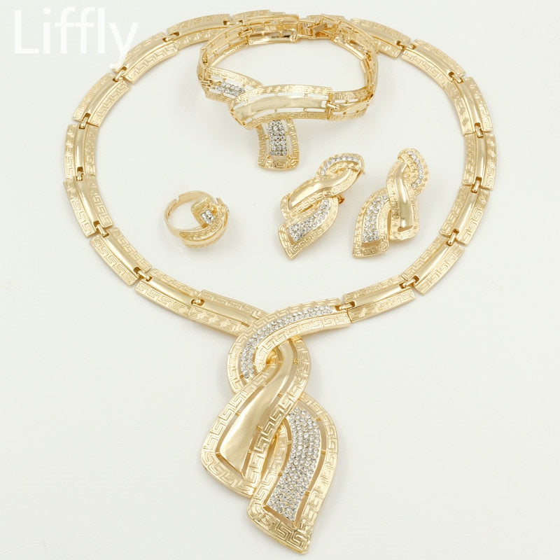 Fashion African Dubai Gold Jewelry Nigerian Crystal Necklace Hoop Earrings Women Italian Bridal Jewelry Sets Wedding Accessories