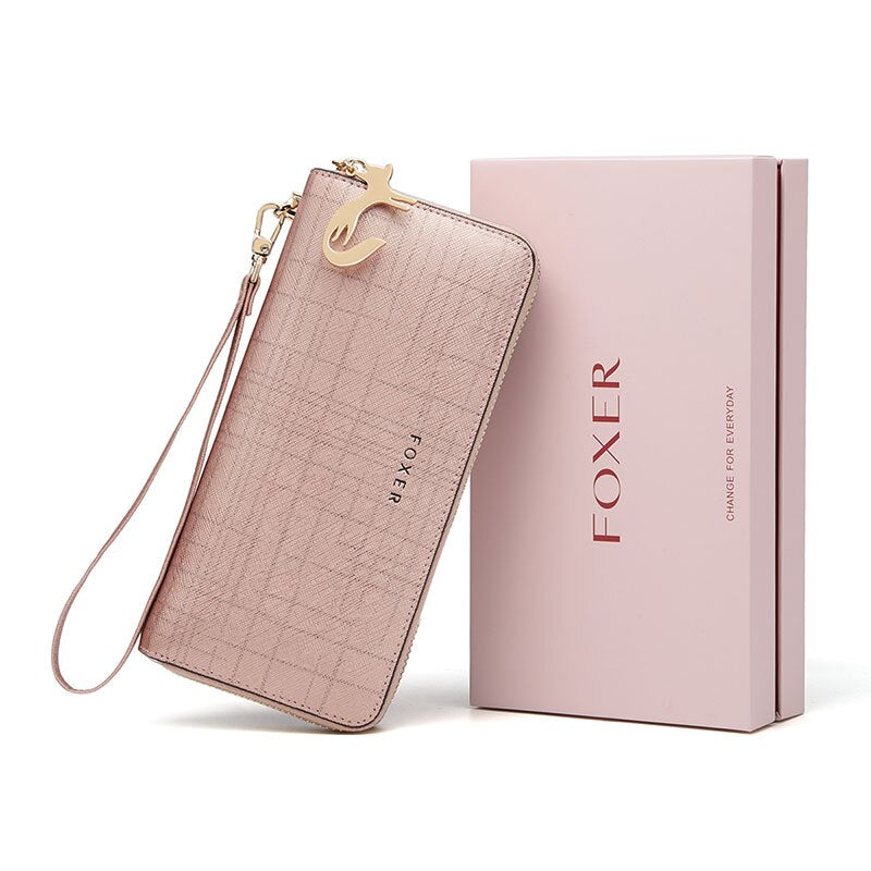 FOXER Women Split Leather Wallet Bifold Clutch Bag with Wristlet Fashion Card Holder Coin Purse Cellphone Bag Female Money Bag