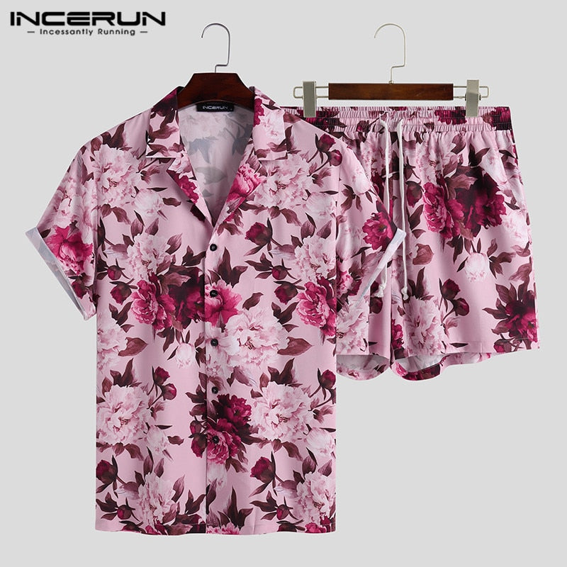 INCERUN, conjuntos para hombre, estampado de flores, vacaciones, transpirable, solapa de playa, camisa de manga corta, pantalones cortos, ropa de calle, trajes hawaianos para hombre, 2 piezas