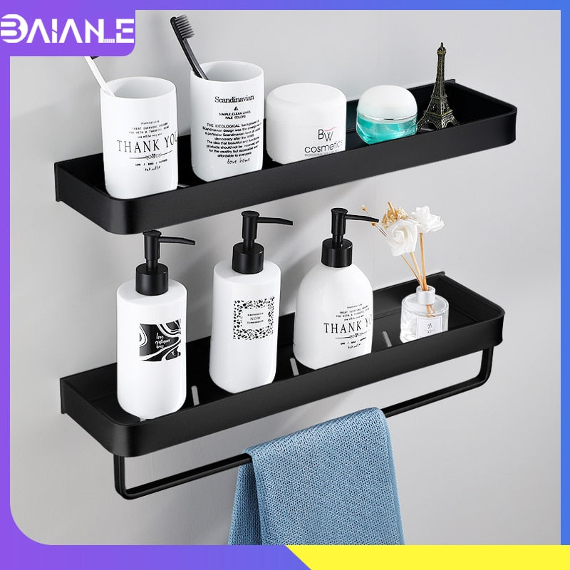 Bathroom Shelf Black with Towel Bar Space Aluminum Bathroom Shelves Shampoo Holder Shower Caddy Rack Corner Kitchen Storage Rack