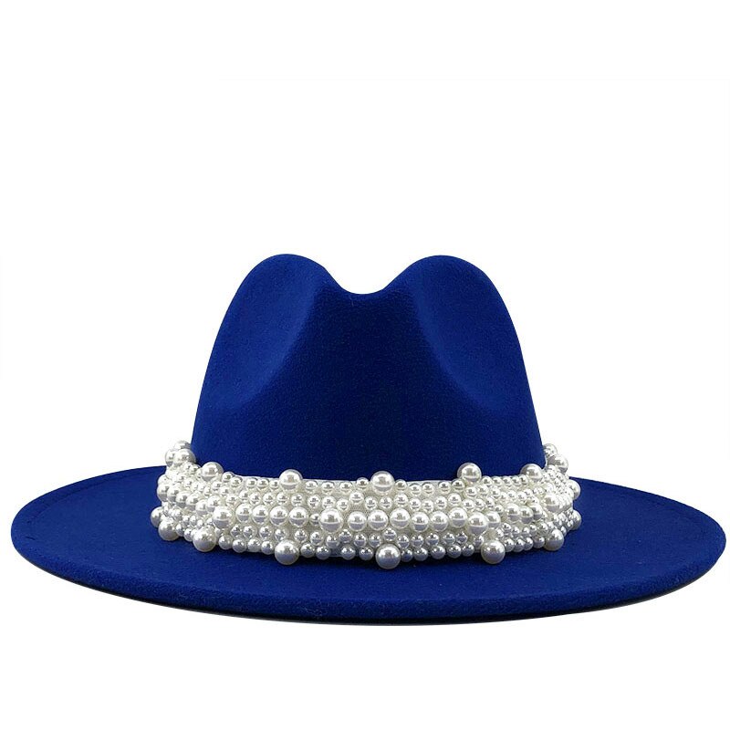 Sombreros de fieltro de lana Jazz para hombre y mujer, sombrero de fieltro con cinta de perlas de cuero, blanco, rosa, amarillo, sombrero de fiesta Formal Trilby de Panamá, 58-61CM