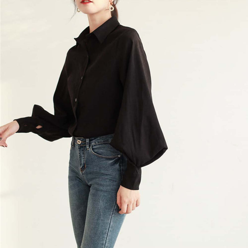 Neue 2021 Frühling Elegante Frauen Bluse Revers Einreiher Gebürstet Laterne Ärmel Wilde Lose College Style Shirts Weibliche OL Tops