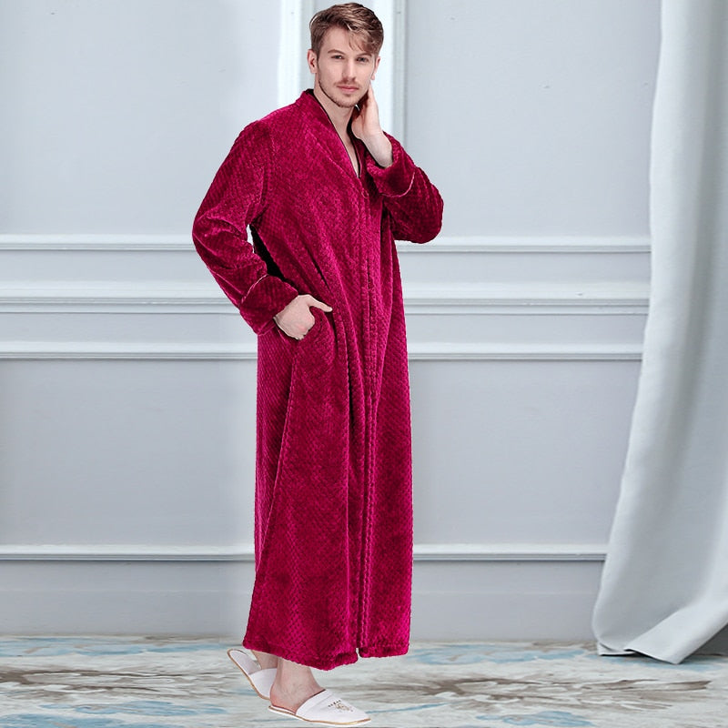 Women Winter Plus Size Long Warm Flannel Hooded Bathrobe 40-110KG Zipper Bath Robe Pregnant Night Dressing Gown Men Sleepwear