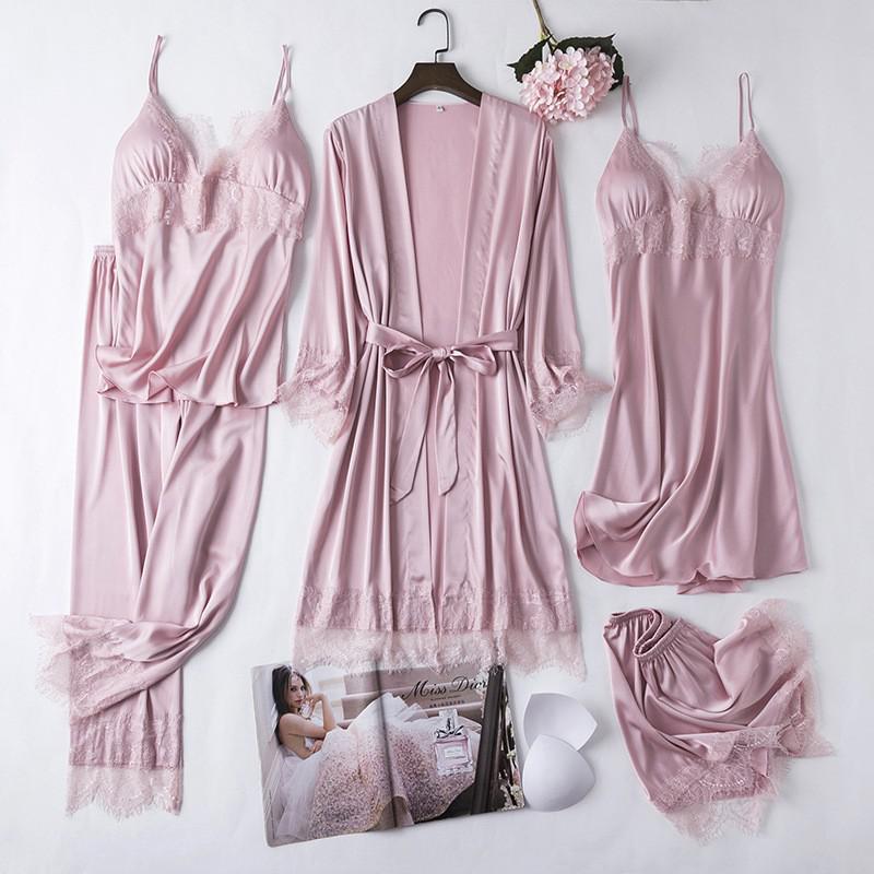 Satin Lady Robes Suit Sexy Kimono Bathrobe Gown Full Slip Lace Nightwear With Strap Nightgown Lingerie Summer Sleepwear With Bow