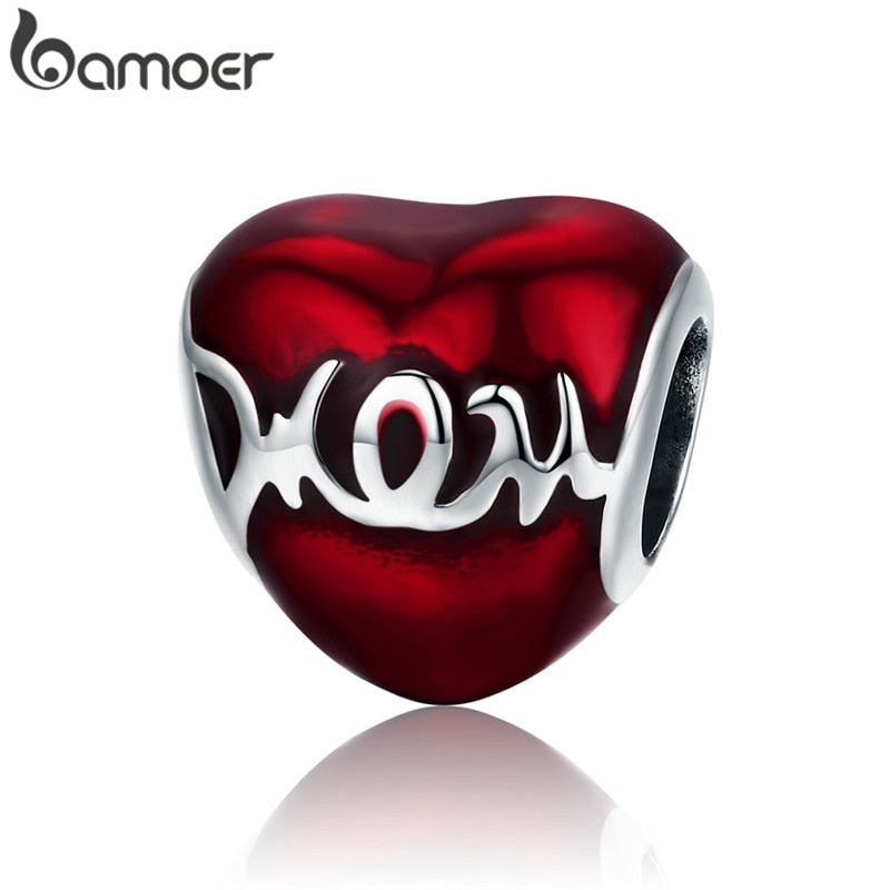 BAMOER New Arrival 100% 925 Sterling Silver Love Heart ECG &amp; Red Enamel Beads fit Charm Bracelets for Women Jewelry Gift SCC249