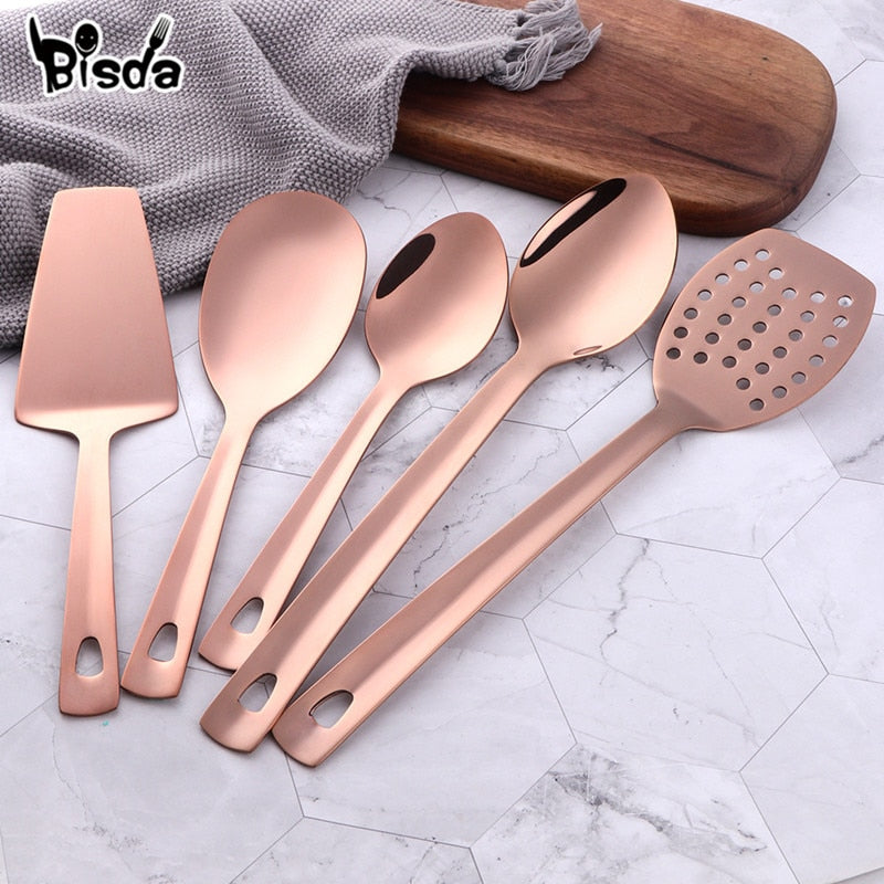 4/12pcs Stainless Steel Kitchen Utensils Gold Cooking Tool Long Serving Sets Scoop Spoon Fork Turner Ladle Cake Shovel