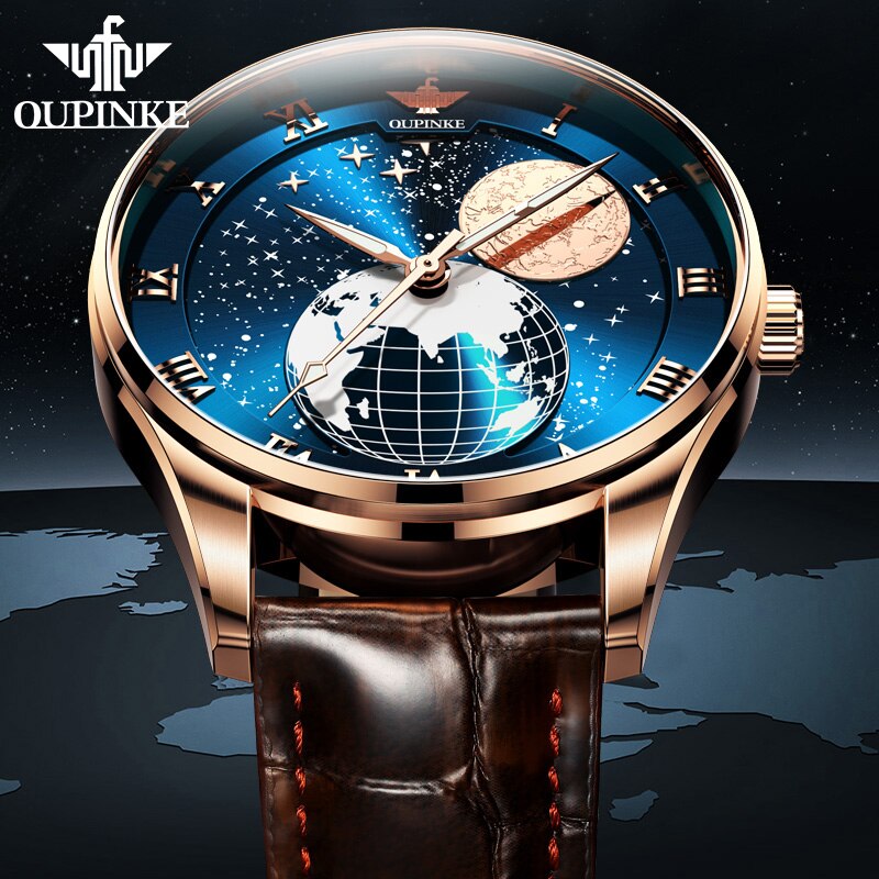 OUPINKE Men's Mechanical Moon Phase Wirstwatches Waterproof Top Brand Luxury  Automatic Mens Watches Sapphire Relogio Masculino
