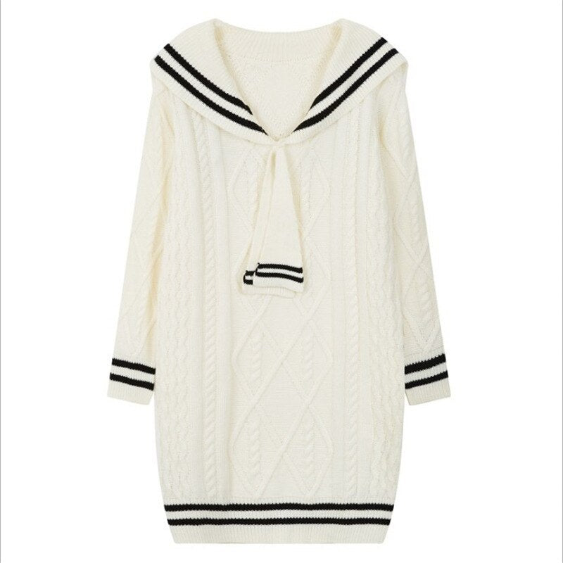 Mid-length Sweater 2022 New Women Loose Outer Wear Navy Style Korean Style Western Style Autumn Knitted Dress Trend