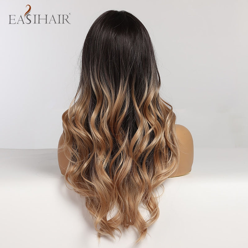 Pelucas EASIHAIR de color marrón claro con ondas de cuerpo largo y reflejos rubios, pelucas de pelo sintético resistentes al calor para Cosplay de parte media para mujeres