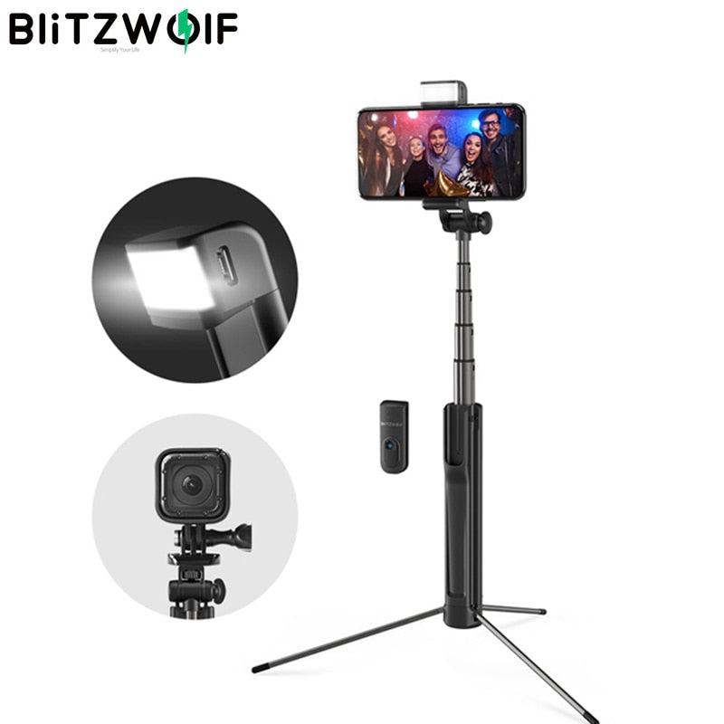 Blitzwolf 3 en 1 luz de relleno LED compatible con bluetooth inalámbrico Selfie Stick trípode monopié extensible para iPhone para Huawei