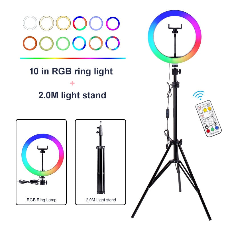 LED 10 inch RGB Dimmable Ring Lamp with Phone Clip Remote Control Photography Colorful Lighting for YouTube Live Stream