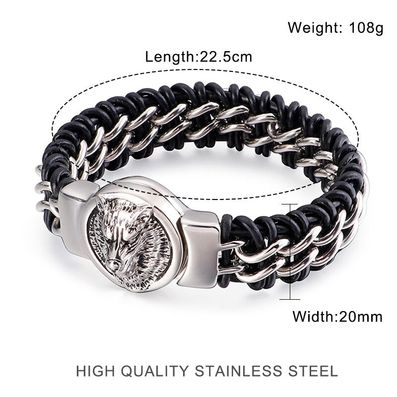 Fongten Antique Teen Wolf Head Charm Bracelet Braid Stainless Steel with Leather Rope Men's Bracelets Bangle Wristband Pulseira
