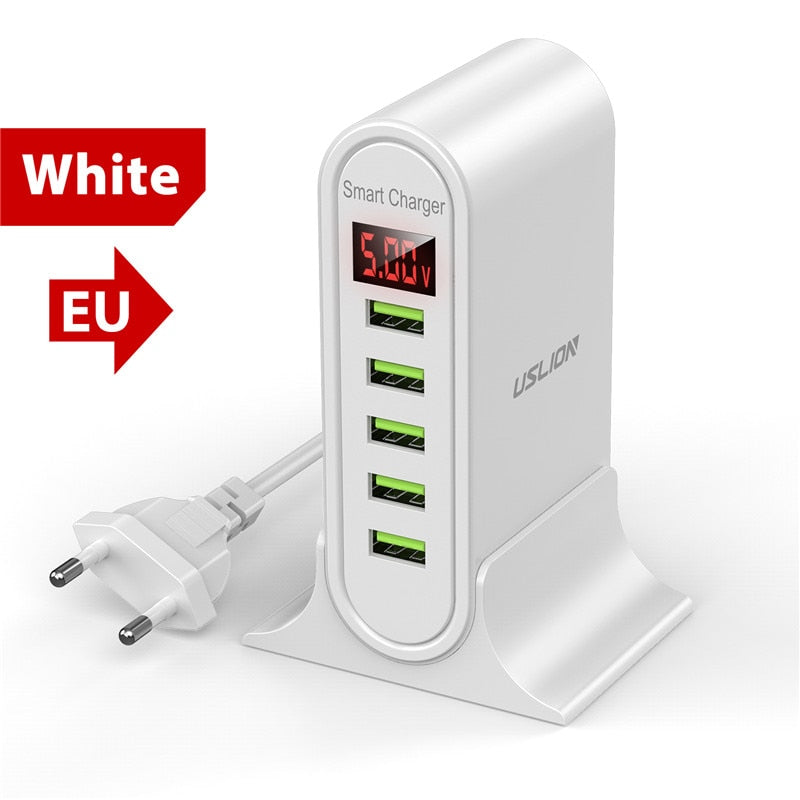 USLION 5-Port-USB-Ladegerät für Xiaomi LED-Display Multi-USB-Ladestation Universelles Telefon Desktop-Wand-Heim-EU-US-UK-Stecker